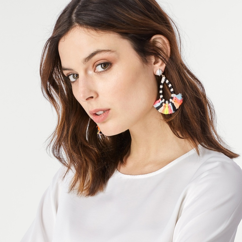 Black white Hoop Multi Fringe Marble stud Earrings - Picture 3 of 4